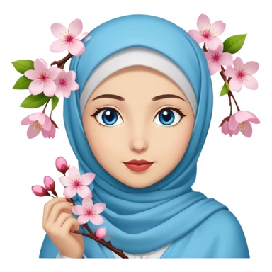 Turkish beautiful finish Konya girl blue eyes with hijab islamic dress and had on her hand cherry blossom sticker