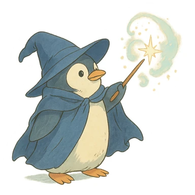 ghibli style penguin wizard casting a spell, soft colors sticker