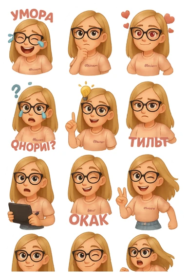 «Создай набор из 12 наклеек в стиле 3D cartoon  женского персонажа (30 лет выглядит моложе)  с прямыми светло русыми волосами ниже лопаток, светлой кожей, большими выразительными голубыми глазами, черные очки для зрения формы кошачий глаз, нос чуть с горбинкой.
Персонаж должен носить пастельную розово-бежевую тай дай футболку с вышивкой @ByUnicorn, голубые джинсы фасона мом, персонаж должен иметь разные выражения: смех до слез и подпись внизу пастельно-розовым текстом УМОРА, задумчивость, влюбленность (с сердцами вокруг головы), злость с паром из носа и подписью внизу пастельно розовым текстом ТИЛЬТ, растерянность (со знаком вопроса) и подпись пастельно-розовым текстом ЧОРИЛ?, наличие идеи (с зажженной лампочкой), плач со слезами из глаз, удивление с открытым ртом и подписью пастельно розовым текстом ОКАК, улыбка и  подмигивание, знак мира рукой, создание сердца руками, бегство со всех ног. Размер картинки не ограниченный, чтобы все наклейки вместились без обрезки. Стиль мультяшный  DreamWorks, мягкий свет, прозрачный фон, и добавь персонажу в руки графический планшет следи чтобы выглядело органично, красиво, не нарушая законы природы и физики, можешь добавить в другую руку перо от графического планшета, если это будет позволять смысл стикера» sticker