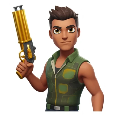 a fortnite default skin holding a gold pump shotgun sticker