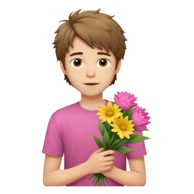 generate an ios genmoji of a 20 year old fair boy with brown long and messy hair with stubble on cheeks. carrying a pink flower bouquet, wearing a yellow tshirt, looking shy sticker