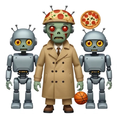 a glitch abomination with hands for a head, a baskeball stomach, pizza eyes, eyepatch, and zombie wounds, wearing trench coat, and robot crowd sticker