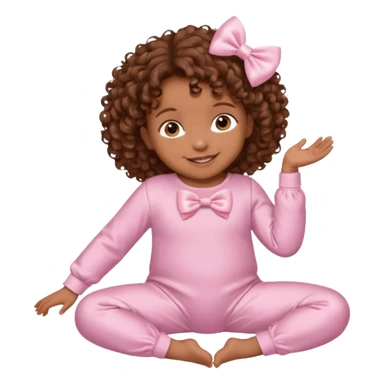 Brown skin baby with brown curly hair down laying down with satin baby pink onesie and white bow sticker