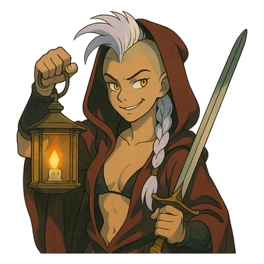 A sword maiden, mohawk, long braid white hair with lavender tips, gold yellow eyes, blood red and black revealing hoodie, brandishing a lantern. Mischievous smirk sticker