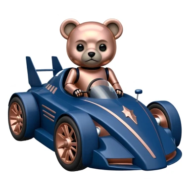  Carbonized Metallic dark blue and rosegold-accented  racing car for furry-faced grey bearded evil alien scary robot teddy bear and passenger with custom aero body and rear spoiler (Star Wars style) sticker