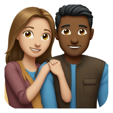 Couple embracing with arms around each other; white woman with blue eyes and brown hair, Indian man with black hair  sticker