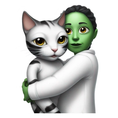 Reptilian alien woman meditation in white pajamas, hugs a black white cat sticker
