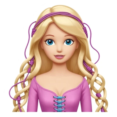 plastic barbie doll tightly bound with tangled AUX cables. sticker