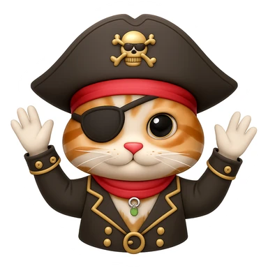 Add an eyepatch to the pirate cat waving, in the style of emoji (apple style emojis). Keep the emoji style and no background. sticker