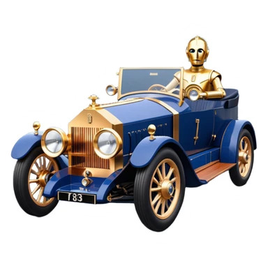 dark blue led lights C-3PO 1927 delicately inlaid rose gold wood barrel accents Scrooge McDuck’s Rolls Royce efficiently powered by futuristic electric motors and dynamos with wide racing wheels that are strong agility advanced suspension and steering sticker