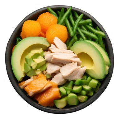 Poke bowl with chicken, cut avocados, mandarins, cucumbers and green beans; side view sticker