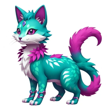 Kawaii cute colorful iridescent dark-turquoise-green and magenta and white beautiful pretty elegant divine edgy feline-vernid-sergal-Fakémon-Pokémon-fursona-animal-creature with accessories, full body, with intricate detailed markings sticker