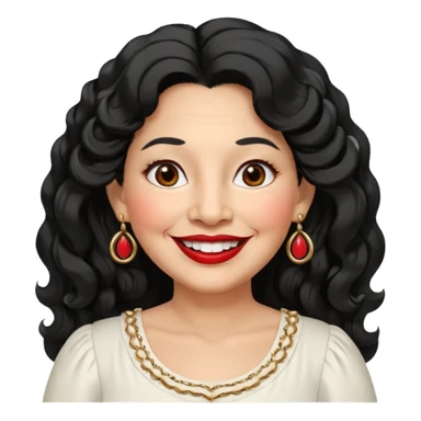 60 yr old peruvian woman, slightly chubby, wavy/curly long black hair, red lipstick, big smile, white teeth, brown eyes, hoop earings, side part to hair, round face, pretty white dress, hair side swept, big hoop earing sticker
