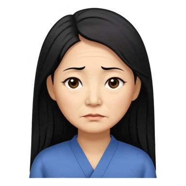 50 yr old asian woman, straight thick long black hair, big black, side part, tired sticker
