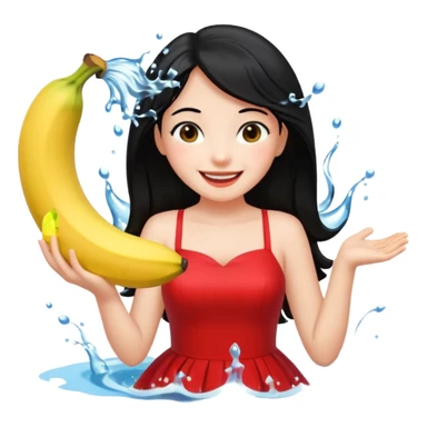 a water splashing banana above a girl with black hair and red dress sticker