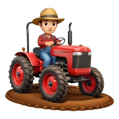 A 3D cartoon red tractor in a farmland setting, with plowed soil and crops in the background, smooth reflections, detailed tires, warm daylight, Memoji-style realism. sticker