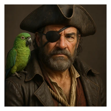 3d art of a pirate with eye patch and parrot in  sticker