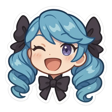 Gwen from League of Legends, chibi style, just the head, right eye purple, laughing expression sticker