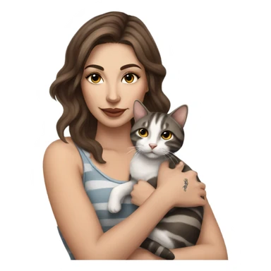 Beautiful brown haired tattooed woman holding gray and white striped cat sticker