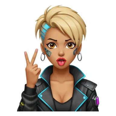 Woman with her tongue out in cyberpunk clothing and giving the middle finger. Looking naughty. sticker