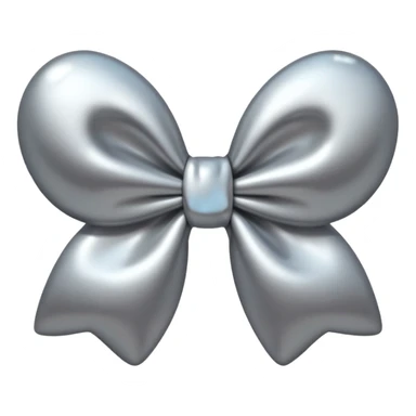 A cute bow emoji made of polished silver chrome, smooth rounded loops, glossy metallic surface, soft mirror reflections, subtle highlights, minimal and adorable proportions, iOS emoji style, centered composition, clean white background, soft studio lighting, no text, no outline, ultra high quality sticker
