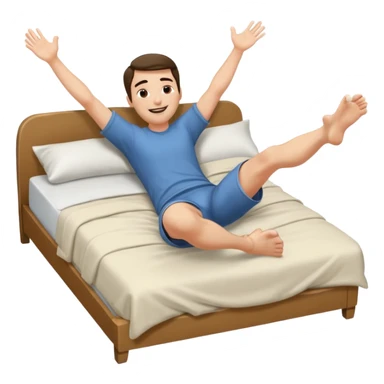A man in bed laying down under covers kicking feet because excited to sleep arms are down and he is smiling with eyes closed and feet are kicking in air. sticker