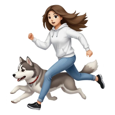 The husky is running in front, and a beautiful girl with long hair wearing a white sweatshirt and jeans is chasing behind. sticker