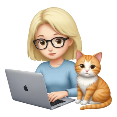 A girl is working hard on a laptop with a cat next to it sticker