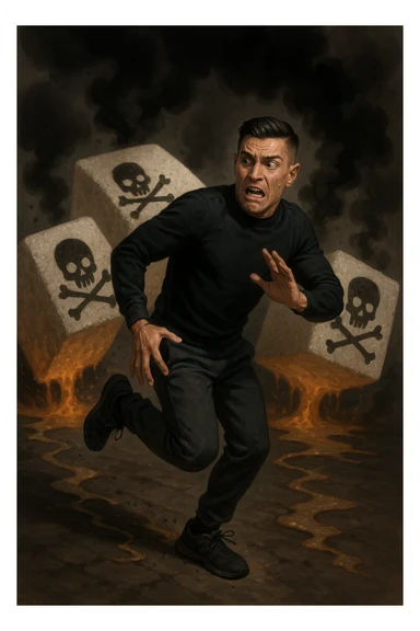 Create an image of a man in his thirties inspired by the face in the reference photo, fleeing with a scared expression. He is running away from huge stylized sugar cubes depicted as toxic, with dark halos, poison symbols like skulls, and black smoke. On the ground, there are traces of sugar melting and corroding whatever they touch. The man appears determined to escape, dressed in sporty or casual clothes. The atmosphere is dark but dynamic, with strong symbolism of sugar as a harmful substance. sticker