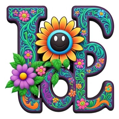 3D, gothic style psychedelic colored word Jay with hippie style flower border sticker