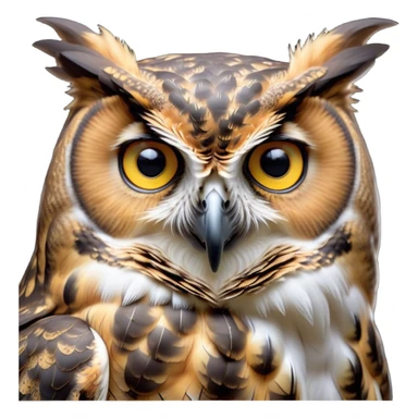 Cinematic Noble Great Horned Owl Portrait Emoji, Poised and regal, with a commanding, broad build and a richly mottled plumage of grays, whites, and subtle browns, deep-set soulful golden eyes, Simplified yet sharp and sophisticated features, highly detailed, glowing with a soft, dignified glow, high shine, intelligent and enigmatic, stylized with an air of nocturnal majesty, focused and attentive, soft glowing outline, capturing the essence of a watchful and confident raptor, so majestic it feels as though it could silently swoop out of the screen with effortless authority! sticker