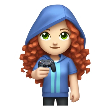 a white girl with long red curly hair, wearing periwinkle Minecraft hoodie holding a controller sticker
