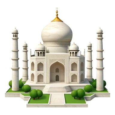 Cinematic Realistic Taj Mahal Landmark Emoji, depicted as the iconic marble mausoleum set amidst lush gardens rendered with intricate detail and ethereal, soft lighting. sticker