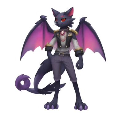 cool anthro kawaii black purple red ethereal fantasy beautiful elegant nargacuga-Noivern-cat-Fakemon wearing a collar, cargo pants, full body sticker