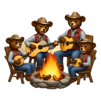 family of 5 bears in country western attire playing banjos sitting around a firepit sticker