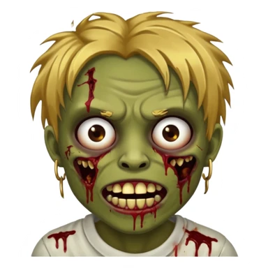 Brown-skinned zombie with messy gold hair, wide centered brown eyes, dark bloody marks under the eyes, and a slightly open mouth showing crooked teeth grillz, giving a distressed, undead look. sticker