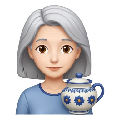 Woman with grey hair with ceramics sticker