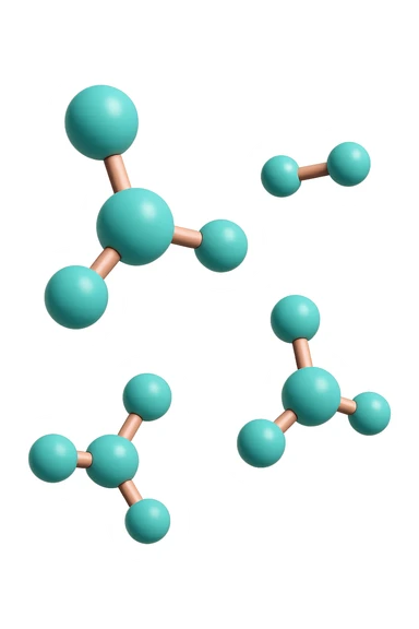 emoji 3d stile iphone di cinque molecole chimiche turchesi e rosa salmone che fluttuano in aria 3d sticker