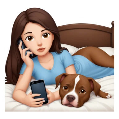 Girl long dark brown hair layed on her bed with her cell phone and her brown pit bull lays guarding her sticker