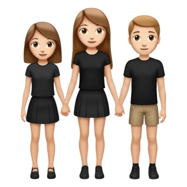 emoji of a girl with long, straight light brown hair, fair skin, soft brown eyes. Wearing a stylish black top and mini skirt. Full-height, standing confidently with shoulders back, head up, smiling proudly. Surrounded by 3men and one woman next to her, holding hands. sticker