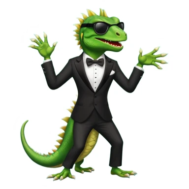 capitalist iguana banker in tuxedo and black sunglasses dancing crazy sticker
