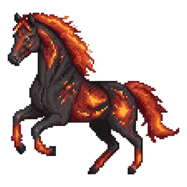 Red fast fire horse made of embers, magma, visible lava, burning, with ash particles surrounding it. Horse galloping with a fiery mane and tail. sticker
