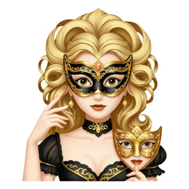 A woman in an ornate gold masquerade mask and elegant outfit, holding the mask delicately. sticker