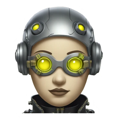 Fat Caucasian female cyborg head with Neon yellow bobbed hair, silver steampunk goggles and circuits sticker