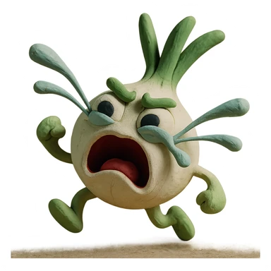 adorable anthropomorphic green onion in claymation style, round white onion body, oversized expressive eyes, green leaves as hair, comically exaggerated crying expression with onion juice tears spraying out, funny dynamic pose, pastel colors, visible clay details, high quality lighting, transparent background sticker
