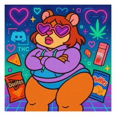 Vibrant, square Discord server icon for 'The Hamster Cult (THC)'. Central character: thick tan anthro cute hamster girl with big thighs, chubby tummy, pouty lips, and a bratty attitude, wearing a pastel hoodie and heart-shaped sunglasses. Colorful, vaporwave-inspired background with neon hearts, fruitger aero and webcore pixel details, weed leaf, subtle 'THC' logo, and surrounded by nostalgic snacks. Playful, bratty, chaotic but polished, perfect for a Discord icon. sticker