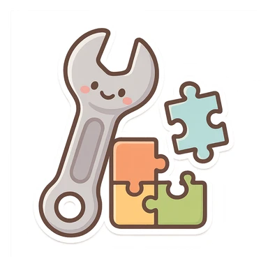 friendly cartoon chibi sticker style wrench and puzzle, theme of modifications, transparent background sticker