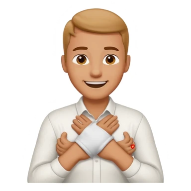 Man with hands gripped around neck crossed like he is choking while smiling sticker