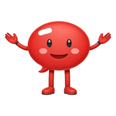 Minimal red emoji character shaped like a rounded speech bubble, with a soft face and two white lines inside symbolizing text. Small arms and legs, looks energetic and helpful. Represents short and clear communication. Flat emoji style on white background, clean and cheerful sticker