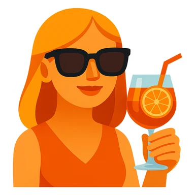 Add sunglasses to the Italian girl and make her hair dark blond, keep the Aperol Spritz and vibrant toon emoji style, with no background. sticker